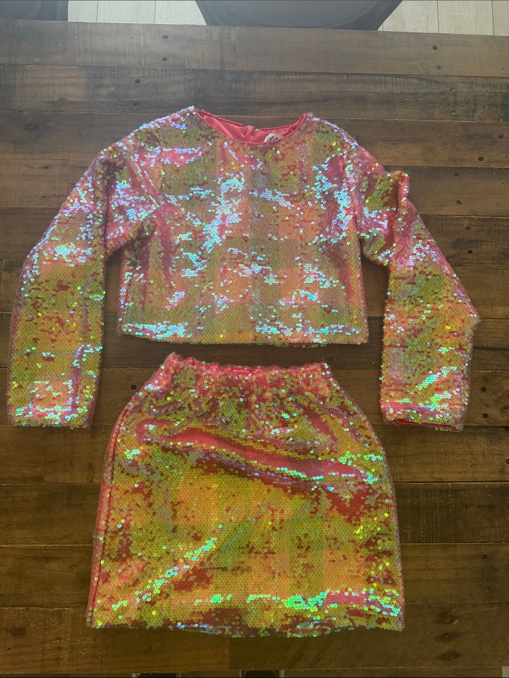 Lola and the Boys Sparkle Sequin Two-Piece Kids - Pinkinsh/Red and Gold